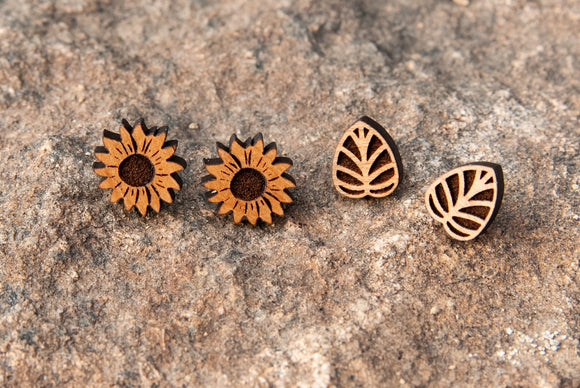 Sunflower & Leaf Stud Earrings